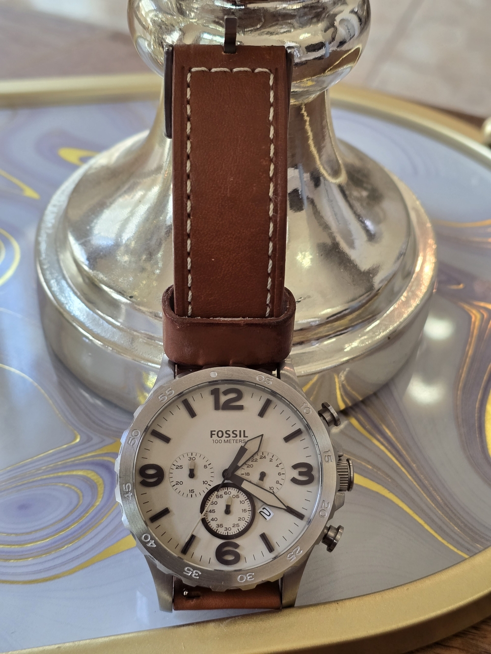 Fossil Men's Brown Leather Strap Watch with Silver Case and White Dial